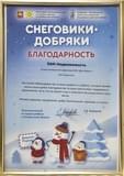 Благодарность за участие в благотворительной акции "Снеговики добряки" 2023