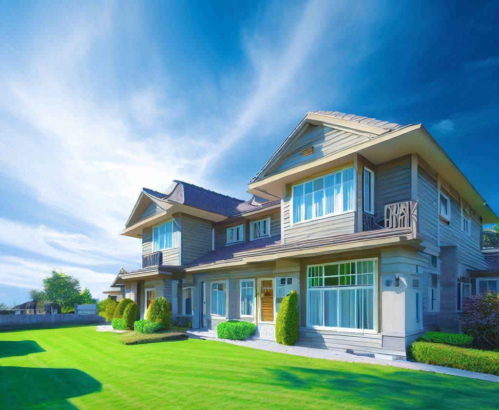 Дом дуплекс с зелёным газоном и голубым небом